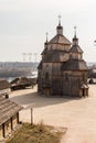 View of the wooden church in the National Reserve `Zaporizhzhia Sich` on the island of Khortytsia in Zaporizhzhia. Ukraine