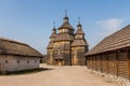 View of the wooden church in the National Reserve `Zaporizhzhia Sich` on the island of Khortytsia in Zaporizhzhia. Ukraine