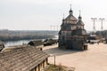 View of the wooden church in the National Reserve `Zaporizhzhia Sich` on the island of Khortytsia in Zaporizhzhia. Ukraine