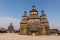 View of the wooden church in the National Reserve `Zaporizhzhia Sich` on the island of Khortytsia in Zaporizhzhia. Ukraine