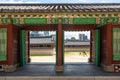 The view of the wooden gate at Gyeongbokgung Palace in Seoul, South Korea