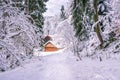 View of a wooden mountain cabin in the mountain forest, Medvednica, Zagreb, Croatia Royalty Free Stock Photo