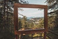 View through a wooden rectangular frame of the Kalte-Rinne viaduct in the Semmering region of Styria in eastern northern Austria