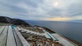 View of the wooden skyline trail under the cloudy sky in Cape Breton