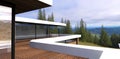 View from the wooden terrace of a modern country house on a stunning mountain landscape and magnificent coniferous trees. 3d Royalty Free Stock Photo