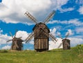 View of wooden windmills. Vodianiki, Cherkasy region, Ukraine