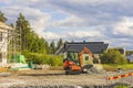 View of work of excavator on construction of house for external work. Sweden.