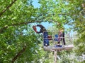 View on workers cutting tops of the trees by chainsaw at elevator crane machine. People at work - trees lopping process