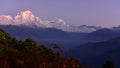 View of world`s tallest mountain peaks at dawn from summit of Poon Hill, Nepal Royalty Free Stock Photo