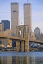 View of the World Trade Towers, Brooklyn Bridge with TV helicopter, New York City, NY