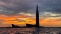 View from the yacht of the Gulf of Finland and the Lakhta Center skyscraper on the background of a pink sunset, the