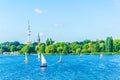 view of a yachting pupils taking leassons on the aussenalster lake in Hamburg, Germany