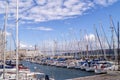 The view of yachts docking at marina near the Belem Monument of Discoveries in Lisbon, Portugal