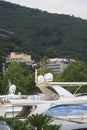 view of the yachts on the pier and the mountain in Budva in Mont Royalty Free Stock Photo