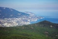 View of Yalta city, pine woods, Ayu-Dag mountain and Black sea from the top of Ai-Petri plato