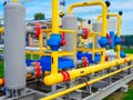 View of yellow pipes and valves of gas processing station from outside on summer day. Natural gas supplier Royalty Free Stock Photo