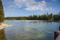 View of Yellowstone River with smoky sky from the Fishing Bridge in Yellowstone Royalty Free Stock Photo