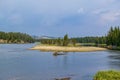 View of Yellowstone River with smoky sky from the Fishing Bridge in Yellowstone Royalty Free Stock Photo