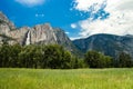 View of Yosemite Falls from Yosemite Valley Meadows, California, USA. Near Landmarks: Tunnel View, El Capitan Royalty Free Stock Photo