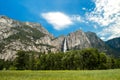 View of Yosemite Falls from Yosemite Valley Meadows, California, USA. Near Landmarks: Tunnel View, El Capitan, Bridalveil Falls, Royalty Free Stock Photo