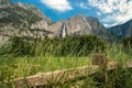 View of Yosemite Falls from Yosemite Valley Meadows, California, USA. Near Landmarks: Tunnel View, El Capitan, Bridalveil Falls, Royalty Free Stock Photo