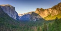View of Yosemite Valley from Tunnel View point at sunset - view to Bridal veil falls, El Capitan and Half Dome - Yosemite National Royalty Free Stock Photo