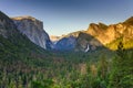 View of Yosemite Valley from Tunnel View point at sunset - view to Bridal veil falls, El Capitan and Half Dome - Yosemite National Royalty Free Stock Photo