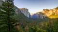 View of Yosemite Valley from Tunnel View point at sunset - view to Bridal veil falls, El Capitan and Half Dome - Yosemite National Royalty Free Stock Photo