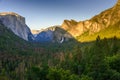 View of Yosemite Valley from Tunnel View point at sunset - view to Bridal veil falls, El Capitan and Half Dome - Yosemite National Royalty Free Stock Photo