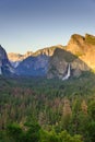 View of Yosemite Valley from Tunnel View point at sunset - view to Bridal veil falls, El Capitan and Half Dome - Yosemite National Royalty Free Stock Photo