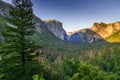 View of Yosemite Valley from Tunnel View point at sunset - view to Bridal veil falls, El Capitan and Half Dome - Yosemite National Royalty Free Stock Photo
