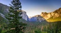 View of Yosemite Valley from Tunnel View point at sunset - view to Bridal veil falls, El Capitan and Half Dome - Yosemite National Royalty Free Stock Photo