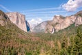 View of Yosemite Valley from Tunnel View point - view to Bridal veil falls, El Capitan and Half Dome - Yosemite National Park in Royalty Free Stock Photo