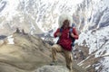 Hiker with traditional papakha fur hat at Mtskheta-Mtianeti region in Georgia