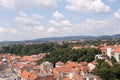 View of Zagreb and tower Lotrscak and part of Upper town, Croatia. Old orange roofs. Old city in Europe. Panoramic view of Zagreb