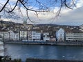 View of Zurich city, with the river and traditional buildings, Swiss, 2020