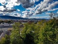 View from zurich university over the historic old town city centre green trees mountain hills valley switzerland swiss