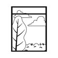 Viewed window landscape tree grass sky isolated design white background