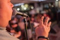 Viewer crowded audience speak with speaker in microphone. Participant forum speaking. Educational speech business man Royalty Free Stock Photo