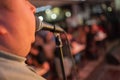 Viewer crowded audience speak with speaker in microphone. Participant forum speaking. Educational speech business man Royalty Free Stock Photo