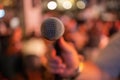 Viewer crowded audience speak with speaker in microphone. Participant forum speaking. Educational speech business man Royalty Free Stock Photo