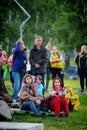 Barnaul, Russia-July 22, 2018.Viewers watch a feature film in an open-air cinema at the Shukshin film festival