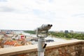 Viewing binoculars. Bratislava, Slovakia, panoramic view with castle on the old and new city. Travel, vacation, walking around the