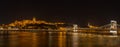 Viewing over Danube river to the castle hill and chain bridge in Budapest, Hungary. Night shot Royalty Free Stock Photo