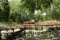 A viewing platform and a wood bridge over a lake surrounded by trees, benches and a walking path at the Rotary Botanic Gardens