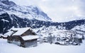 The viewpoint of the Alps Mountains in winter ,Grindelwald Switzerland. Swiss ski Alpine mountain resort with famous Eiger, Monch Royalty Free Stock Photo