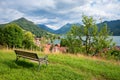 viewpoint with bench, Weinberg hill Schliersee with lake and bavarian alps