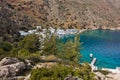 Viewpoint from a hiking trail above Loutro bay at sunset, island of Crete Royalty Free Stock Photo