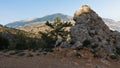Viewpoint from a hiking trail near Lissos gorge to a mountain above Sougia at sunset, south-west coast of Crete island