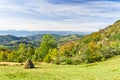 Viewpoint on a landscape of mount Bobija, peaks, hills, rocks, meadows and colorful forests Royalty Free Stock Photo